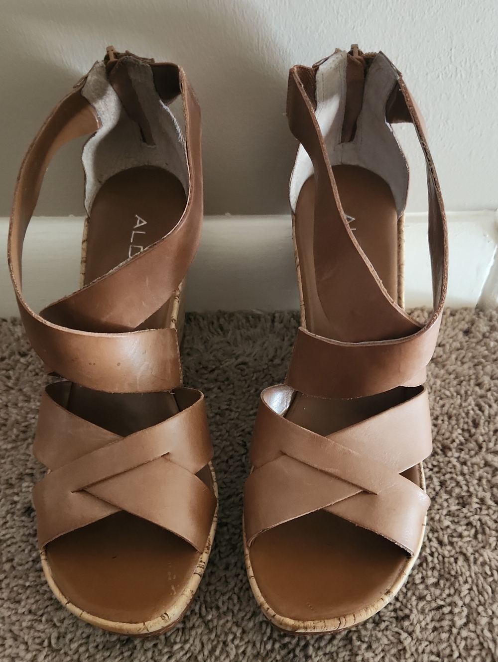 ALDO Brown Leather Crisscross Wedge Sandals